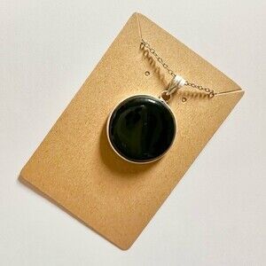 BLACK Onyx Stone Silver Plated Round Pendant Necklace